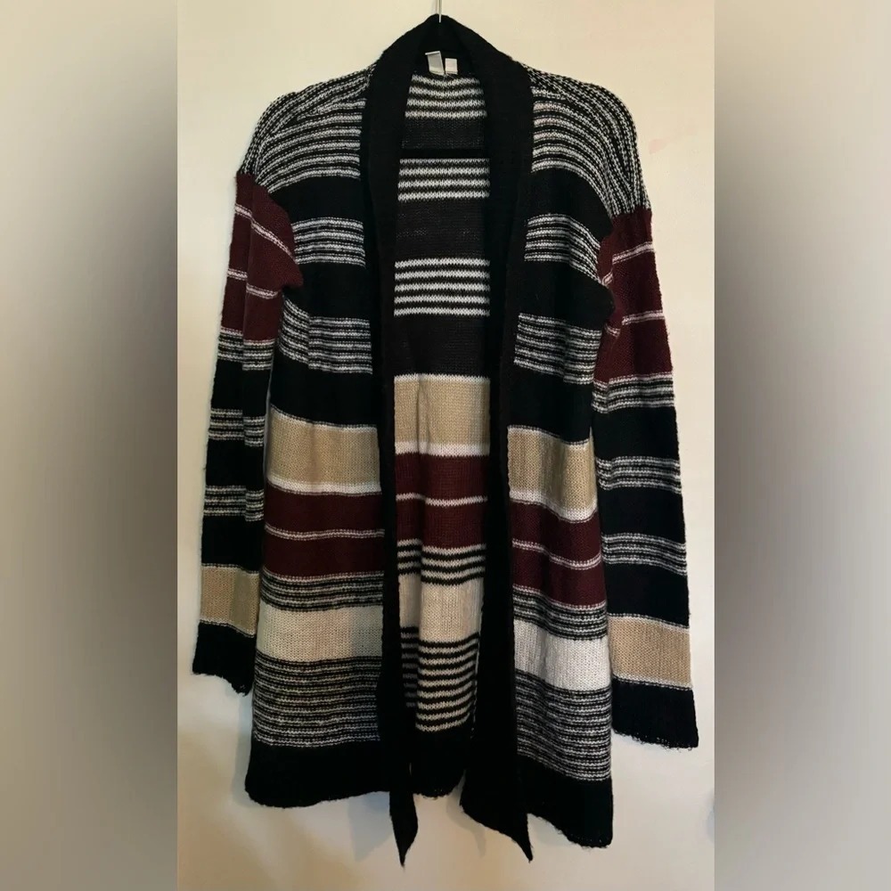 MTLA Womens Open Front Black White Tan Burgundy Acrylic Cardigan Sz Medium‎